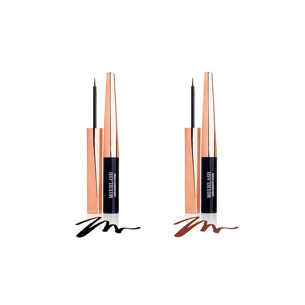 Two sleek tubes of Magnetic Liquid Eyeliner | Moxielash in black and brown shades with fine brush applicators and swatches on a white background.
