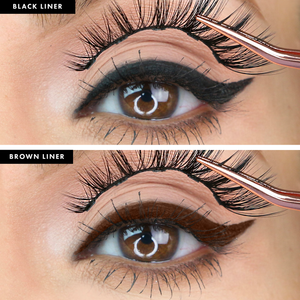 Close-up of a brown eye with applied black and brown Magnetic Liquid Eyeliner | Moxielash, showing winged eyeliner looks and false eyelash application with tweezer.