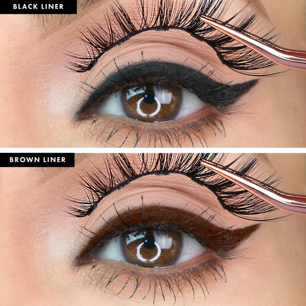 Close-up of a brown eye with applied black and brown Magnetic Liquid Eyeliner | Moxielash, showing winged eyeliner looks and false eyelash application with tweezer.