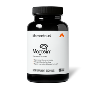 Black bottle of Magnesium L-Threonate dietary supplement with white label featuring brand name Momentous, benefits for cognitive performance and sleep support, containing 90 capsules.