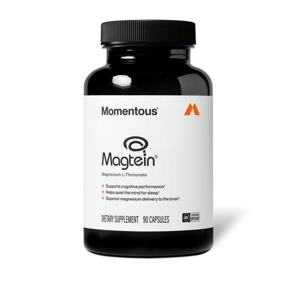 Black bottle of Magnesium L-Threonate dietary supplement with white label featuring brand name Momentous, benefits for cognitive performance and sleep support, containing 90 capsules.