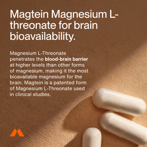 Close-up of white capsules next to text explaining that Magnesium L-Threonate, a patented form, penetrates the blood-brain barrier effectively, enhancing brain bioavailability.