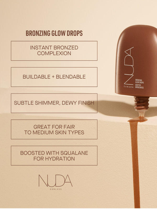 NUDA Bronzing Glow Drops | NUDA with bronzing liquid dripping from a brown bottle, highlighting instant bronzed complexion, buildable and blendable formula, subtle shimmer with dewy finish, suitable for fair to medium skin, and hydration boosted with squalane.