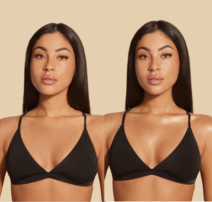 Side-by-side comparison of a woman wearing a black bikini top before and after applying Body Shimmer | NUDA, highlighting a radiant, glowing skin effect.