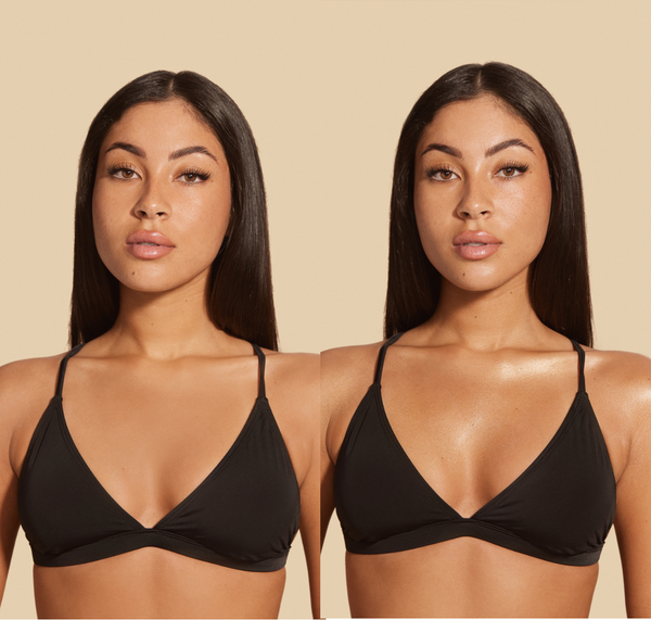 Side-by-side comparison of a woman wearing a black bikini top before and after applying Body Shimmer | NUDA, highlighting a radiant, glowing skin effect.