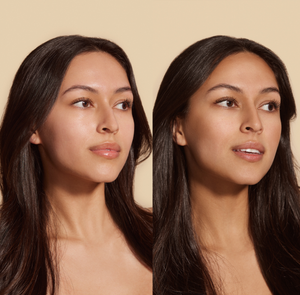 Side-by-side comparison of a woman’s face before and after applying Bronzing Glow Drops | NUDA, showcasing a natural, radiant bronzed complexion and healthy skincare glow.