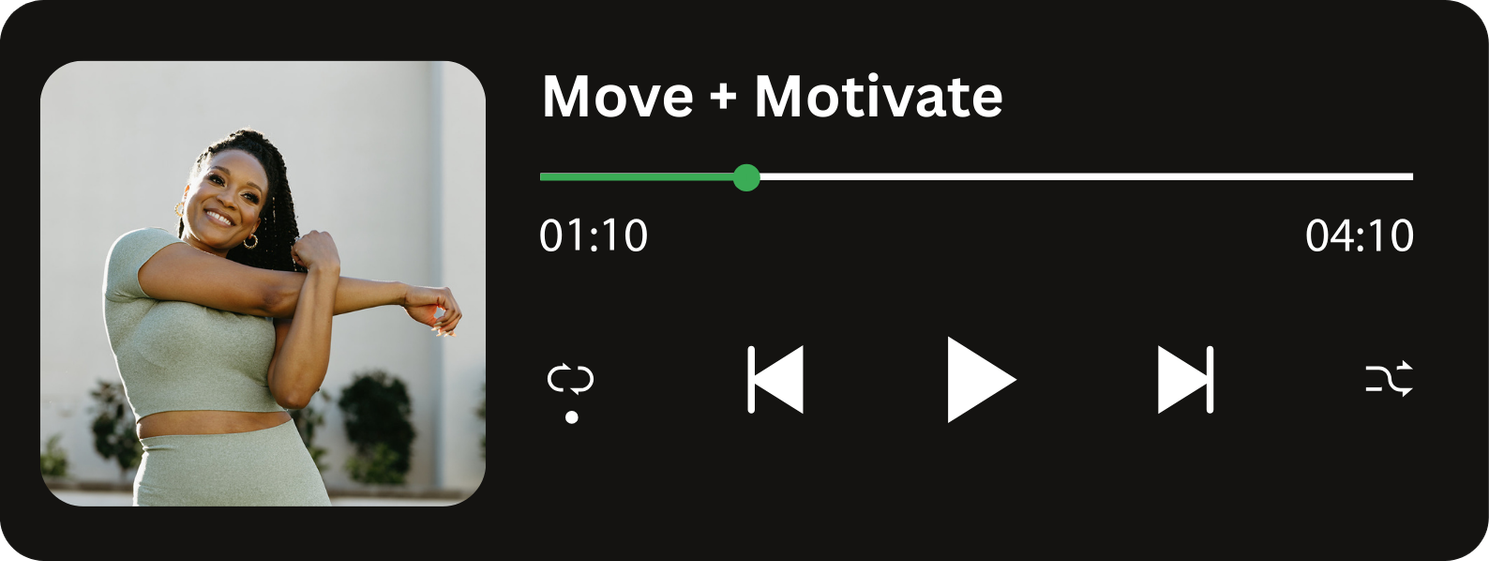Audio player interface showing a workout playlist titled "Move + Motivate" with a smiling woman in activewear stretching in the cover image and playback controls below.