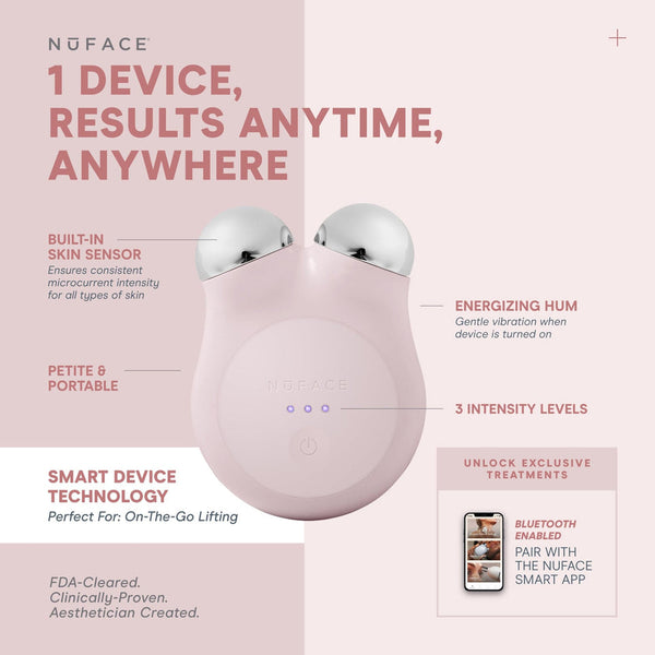MINI+ Starter Kit | NuFACE facial device in soft pink with dual silver spheres, highlighting skin sensor, three intensity levels, energizing hum, and Bluetooth app connectivity for skincare and on-the-go lifting.