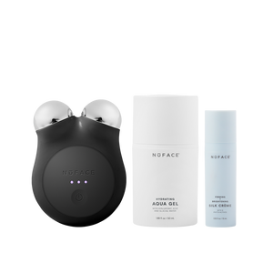 MINI+ Starter Kit | NuFACE featuring a black microcurrent device alongside hydrating aqua gel and firming brightening silk crème skincare products for wellness and body care.