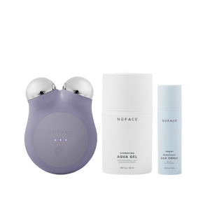 MINI+ Starter Kit | NuFACE featuring a violet handheld microcurrent device with dual silver spheres, hydrating aqua gel, and firming brightening silk crème for skincare and wellness.