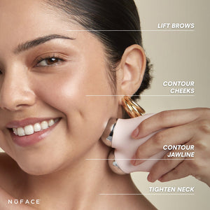 Woman using the MINI+ Starter Kit | NuFACE device on her jawline with a smiling face, demonstrating skincare facial contouring and lifting benefits for brows, cheeks, jawline, and neck.