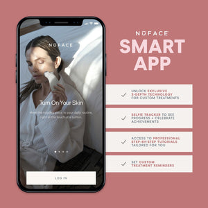 Smartphone displaying the NuFACE app interface with a woman using a facial device, promoting the MINI+ Starter Kit | NuFACE and highlighting features like exclusive technology, selfie tracker, professional tutorials, and custom reminders.