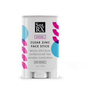 Zinc Sunscreen Stick for Face | SolRX Sunscreen with SPF 50+ clear zinc formula, broad spectrum, oxybenzone free, reef friendly mineral sunscreen in a stick for easy skincare application.