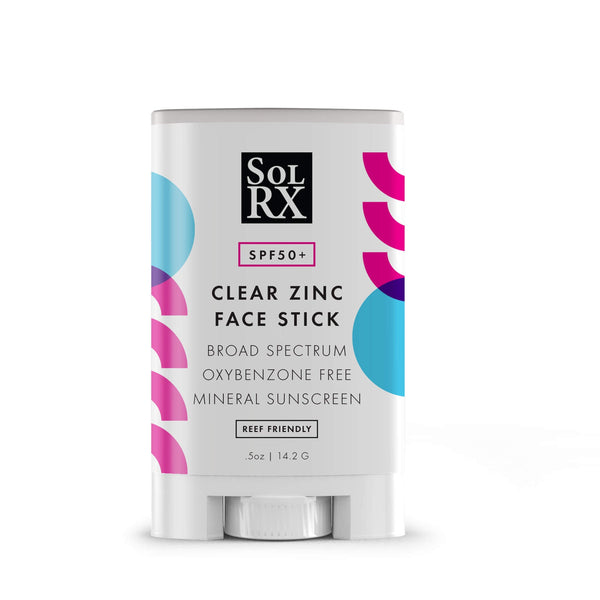 Zinc Sunscreen Stick for Face | SolRX Sunscreen with SPF 50+ clear zinc formula, broad spectrum, oxybenzone free, reef friendly mineral sunscreen in a stick for easy skincare application.