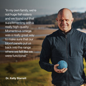 Man standing outdoors holding a blue textured ball, with a quote about supplementing omega for wellness, promoting Omega-3 Travel Packs for functional health support.