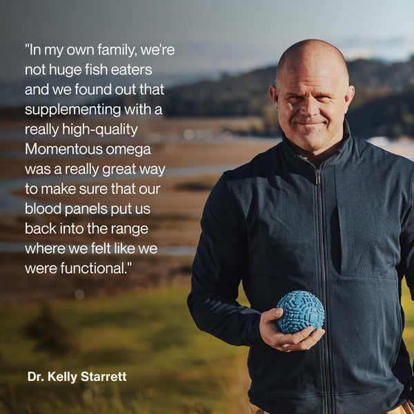 Man standing outdoors holding a blue textured ball, with a quote about supplementing omega for wellness, promoting Omega-3 Travel Packs for functional health support.