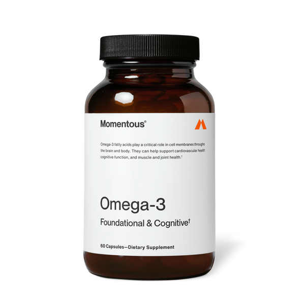 Amber glass jar of Omega-3 dietary supplement capsules labeled as foundational and cognitive support for cardiovascular, brain, muscle, and joint health.