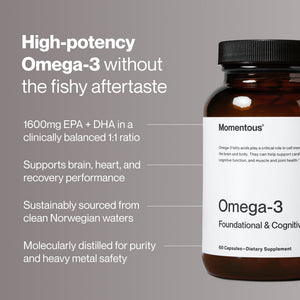 Bottle of Omega-3 dietary supplement highlighting high potency, brain and heart support, recovery benefits, sustainable sourcing from Norwegian waters, and molecular distillation for purity without fishy aftertaste