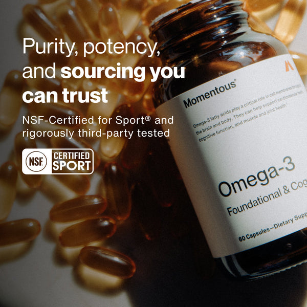 Close-up of a dark amber bottle labeled Omega-3 with softgel capsules scattered around, highlighting purity and potency with NSF Certified Sport and third-party testing for trusted wellness supplements.