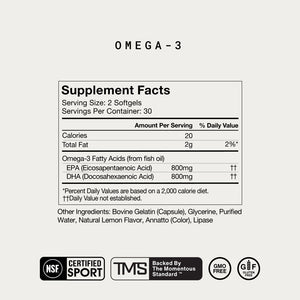 Supplement facts label for The Momentous Three showing omega-3 softgels with 800mg EPA and 800mg DHA per serving, including certifications for NSF Certified Sport, TMS, GMO free, and gluten free.
