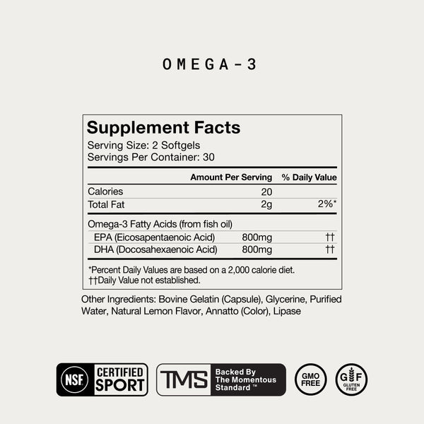 Supplement facts label for The Momentous Three showing omega-3 softgels with 800mg EPA and 800mg DHA per serving, including certifications for NSF Certified Sport, TMS, GMO free, and gluten free.