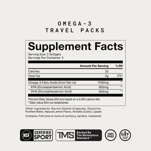 Supplement facts label for Omega-3 Travel Packs showing nutrition details, including EPA and DHA amounts, with certifications for NSF Certified Sport, TMS standard, GMO-free, and gluten-free.