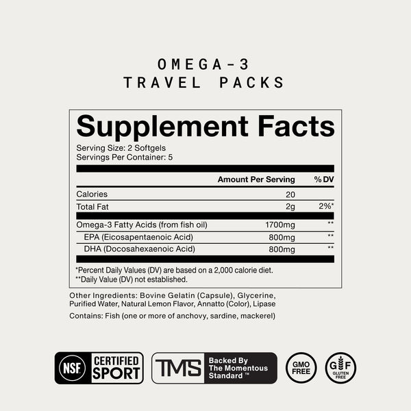 Supplement facts label for Omega-3 Travel Packs showing nutrition details, including EPA and DHA amounts, with certifications for NSF Certified Sport, TMS standard, GMO-free, and gluten-free.