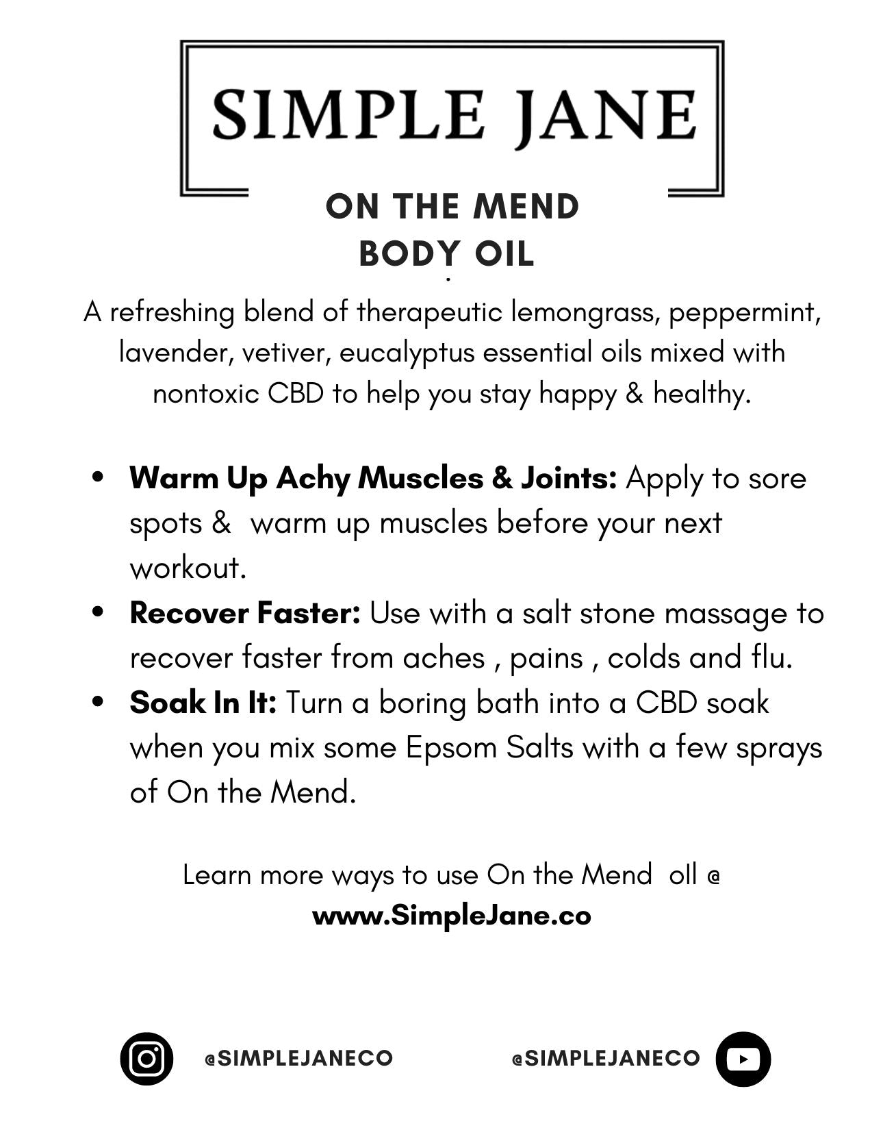 On The Mend CBD Massage Oil - 4oz | Simple Jane