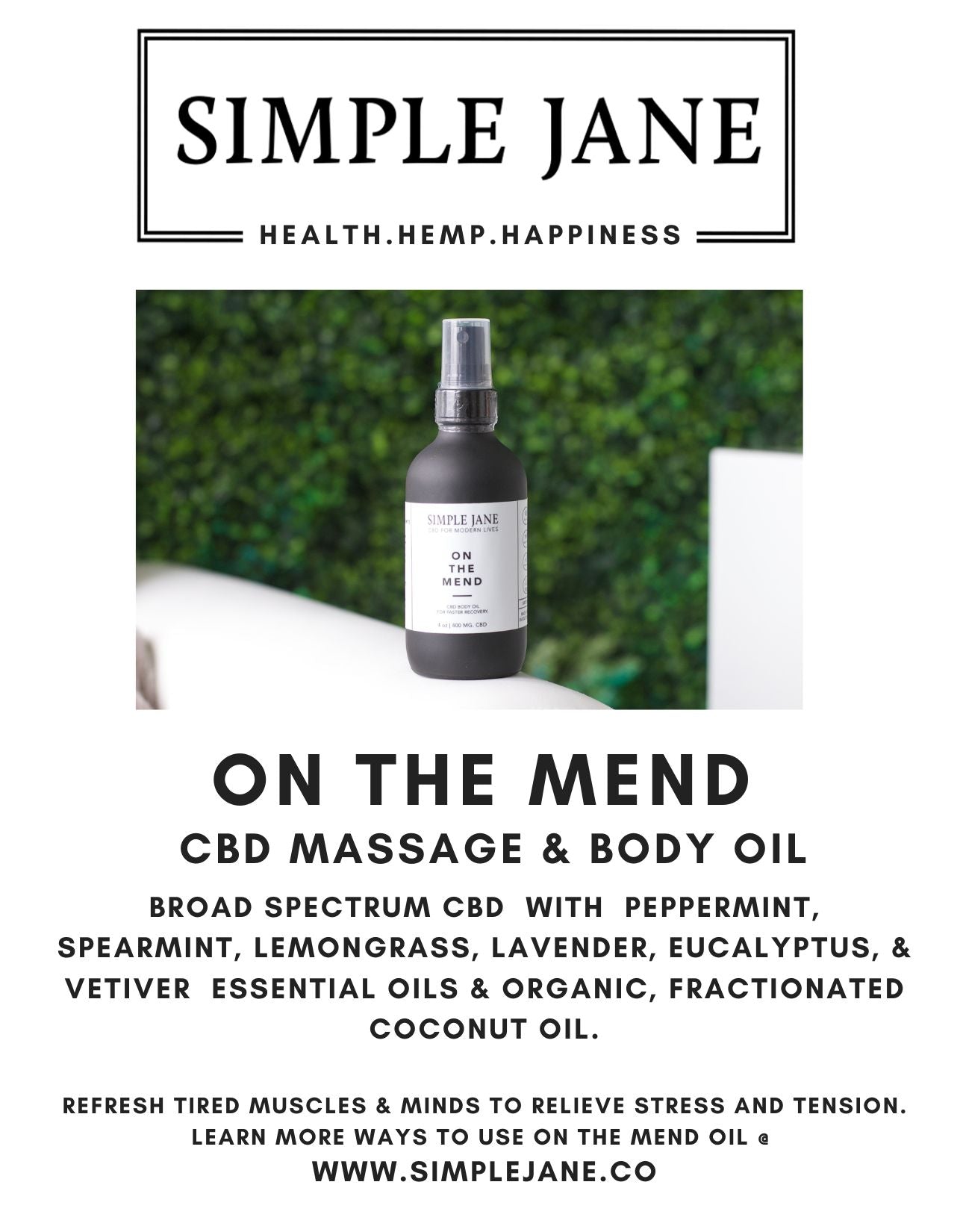 On The Mend CBD Massage Oil - 4oz | Simple Jane