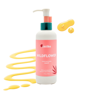 Bottle of Hand & Body Wash | Latika with wildflower scent, featuring a pink label and yellow liquid soap droplets, highlighting natural skincare and body care benefits.