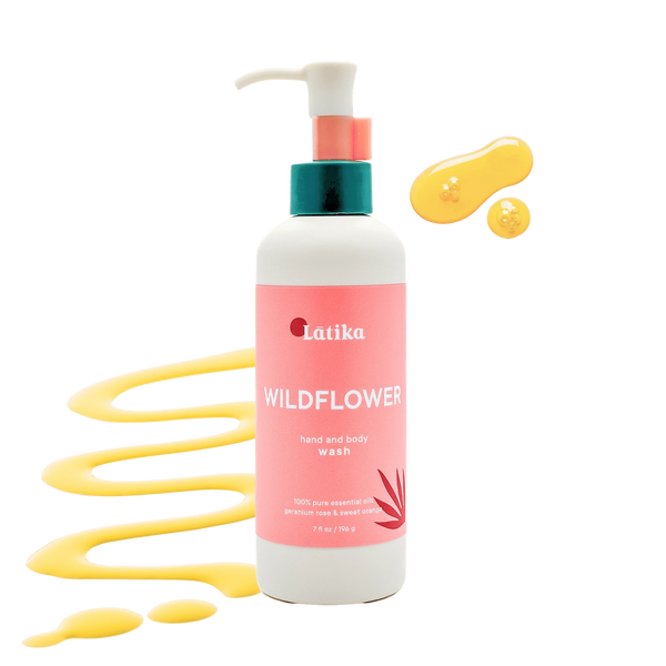 Bottle of Hand & Body Wash | Latika with wildflower scent, featuring a pink label and yellow liquid soap droplets, highlighting natural skincare and body care benefits.