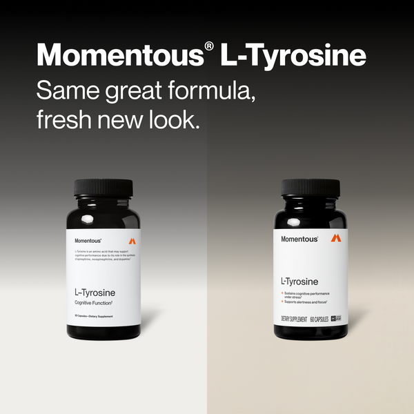 Tyrosine wellness supplement bottles shown in an updated package comparison with black containers white labels and fresh new look branding