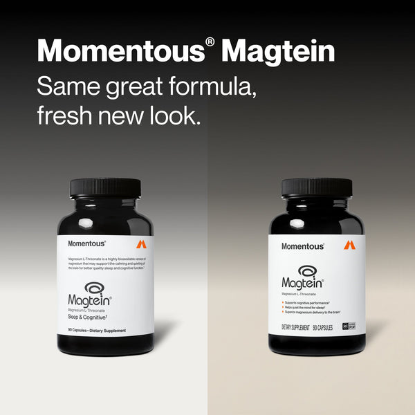 Image showing two bottles of Magnesium L-Threonate dietary supplements side by side, highlighting a fresh new look for the same well-known formula supporting sleep, cognitive health, and brain function.
