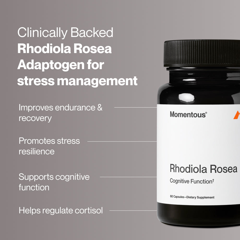 Black bottle of Rhodiola Rosea dietary supplement capsules with a minimalist white label focused on cognitive function support.