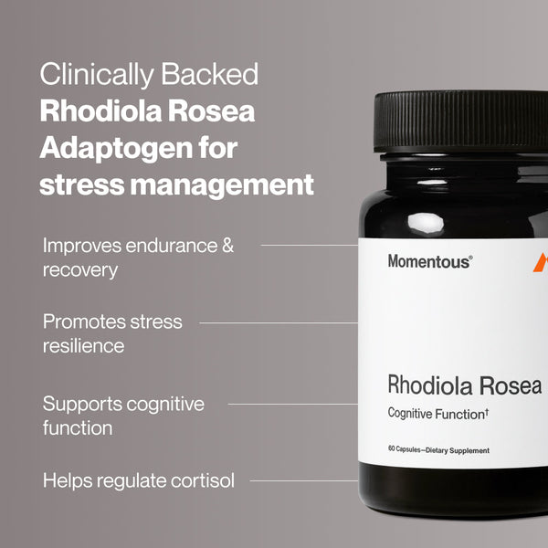 Dark bottle of Rhodiola Rosea supplement next to text highlighting benefits such as improved endurance, stress resilience, cognitive support, and cortisol regulation.