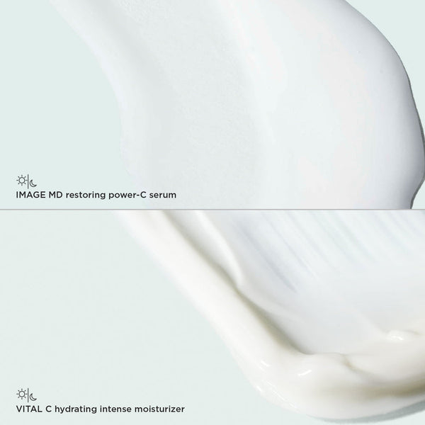 Close-up of smooth white textures of IMAGE Skincare products showing the creamy consistency of the Magic Duo | IMAGE Skincare serum and moisturizer for hydration and skin restoration.