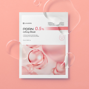 A white packet of PDRN 0.5% Lifting Mask | Leaders with pink liquid bubbles on a soft pink background, surrounded by clear skincare serum droplets.