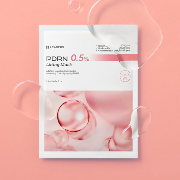 A white packet of PDRN 0.5% Lifting Mask | Leaders with pink liquid bubbles on a soft pink background, surrounded by clear skincare serum droplets.
