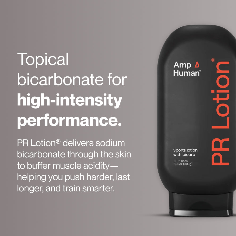 Five black bottles of Amp Human PR Lotion arranged in a row, showcasing the "PR Lotion® Buy 4, Get 1 Free. $175 Value" offer for skincare and body care.