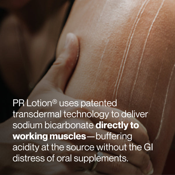 Close-up of a person applying PR Lotion® Buy 4, Get 1 Free. $175 Value to their shoulder, highlighting its use for skincare and muscle recovery through patented transdermal technology.