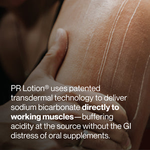 Close-up of a person applying PR Lotion® Bottle to their shoulder, highlighting skincare and muscle recovery benefits with transdermal technology for targeted delivery.