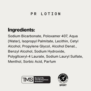 Ingredients list of PR Lotion® Buy 4, Get 1 Free. $175 Value skincare product, including sodium bicarbonate, poloxamer, water, menthol, and parfum, featuring wellness supplement details.