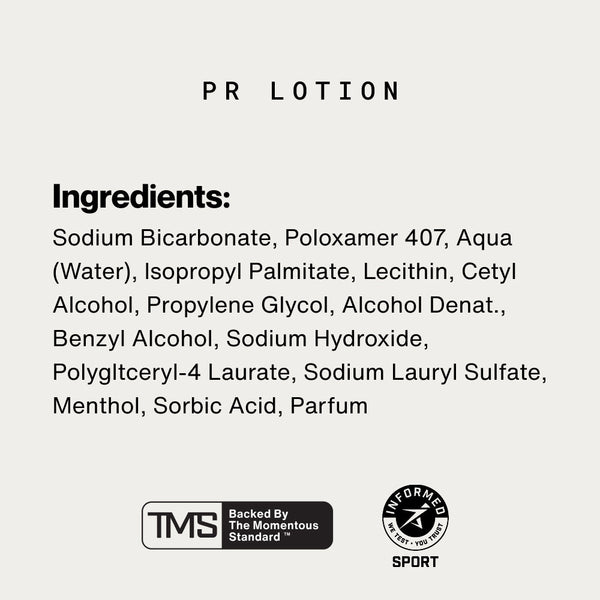 Ingredients list of PR Lotion® Buy 4, Get 1 Free. $175 Value skincare product, including sodium bicarbonate, poloxamer, water, menthol, and parfum, featuring wellness supplement details.