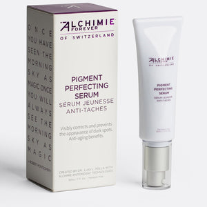 Pigment Perfecting Serum | Alchimie Forever skincare product packaging and white tube designed to visibly correct and prevent dark spots with anti-aging benefits.