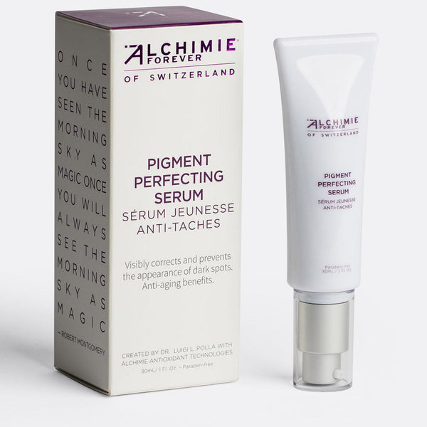 Pigment Perfecting Serum | Alchimie Forever skincare product packaging and white tube designed to visibly correct and prevent dark spots with anti-aging benefits.