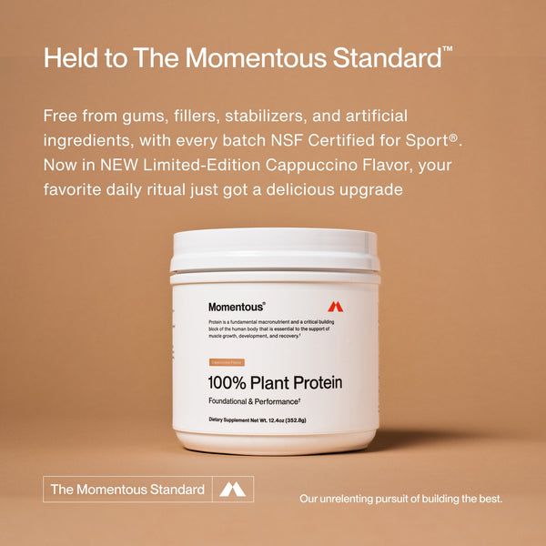 White container of 100% Plant Protein - Flavor Series dietary supplement with cappuccino flavor label, set against a warm beige background with text highlighting its clean ingredients and NSF certification for sport use.