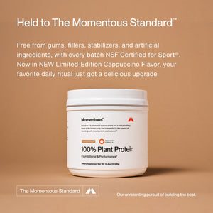White container of plant-based protein powder with text highlighting upgraded cappuccino flavor and clean ingredients, promoting the Whey Protein Isolate - Flavor Series product.