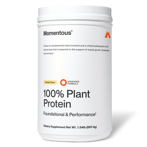 Container of 100% Plant Protein Powder vanilla flavor dietary supplement with foundational and performance support, promoting muscle growth and recovery.