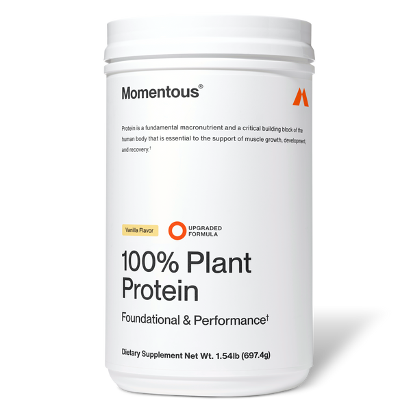 Container of 100% Plant Protein Powder vanilla flavor dietary supplement with foundational and performance support, promoting muscle growth and recovery.