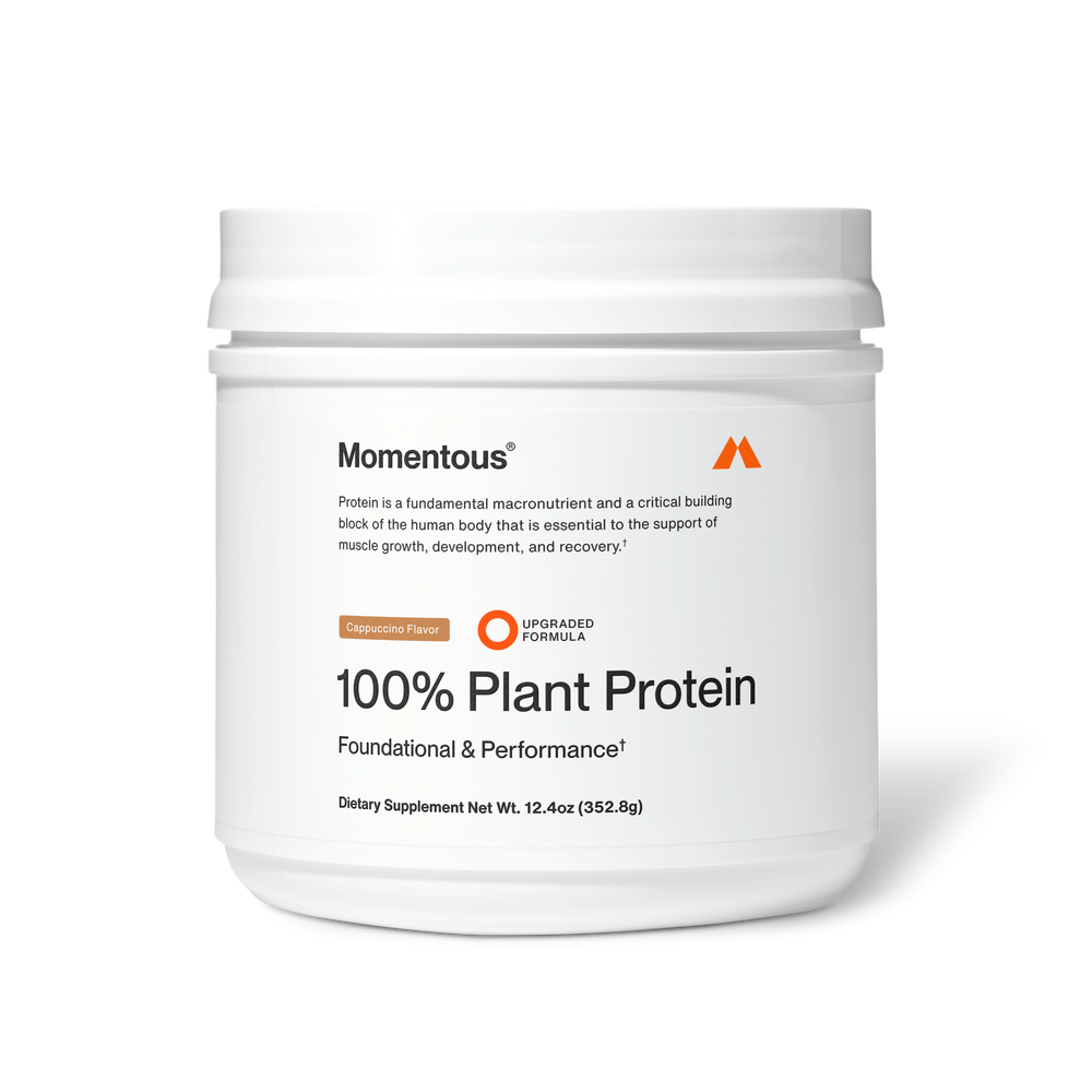 Container of 100% Plant Protein - Flavor Series in cappuccino flavor with clean white packaging, highlighting foundational and performance benefits as a wellness supplement.